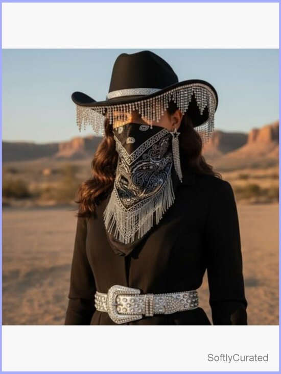 Cowgirl Hat Set with Rhinestone Fringe Hat Belt Earrings Bandana main image 7